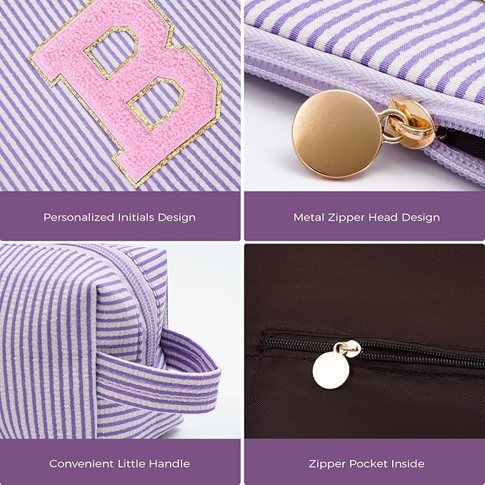 Bridesmaid Gifts Wedding Day - Bridal Shower Gifts,Maid of Honor Gifts,Initials Makeup Bag Set Cosmetic Bag - Lavender,B