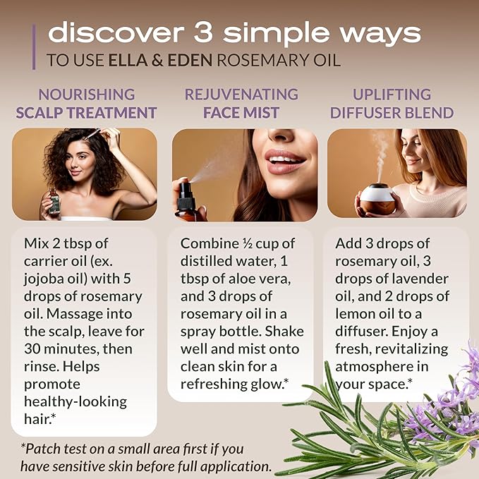 Ella & Eden Organic Rosemary Oil for Hair - 100% Pure, Steam-Distilled, Hexane-Free | Essential Oil for Skin Aromatherapy | Glass Bottle - 4 Oz