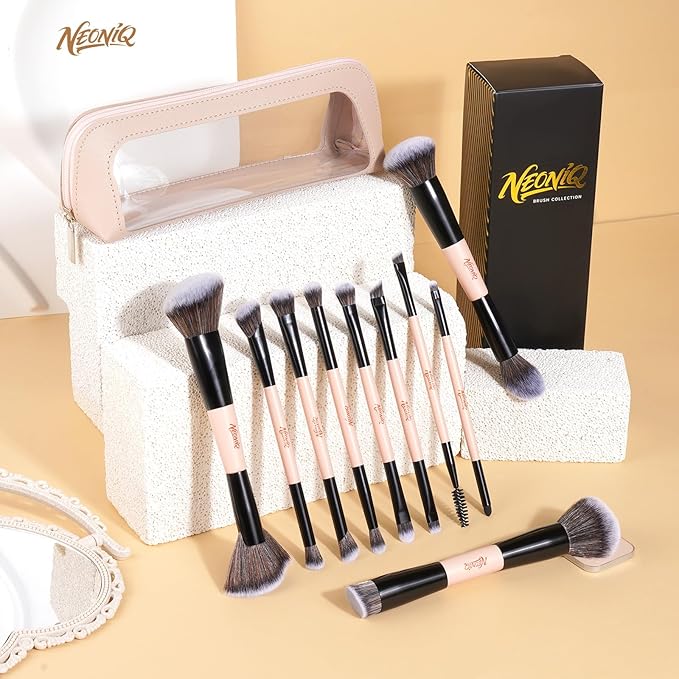 10 PCS Foundation Contour Conceal Brush Set With Bag, Makeup Brushes, Double-End Multi-functional Brushes for Foundation Powder Blush Eyeliner Eyeshadows, Professional Face Brush Set（Pink）