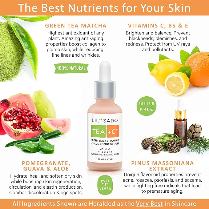 LILY SADO TEA+C Green Tea + Vitamin C Super Serum - Natural Vegan Serum - Best Antioxidant, Anti-Wrinkle Moisturizing Formula - Softens, Hydrates, Firms & Tones for Luscious, Radiant Skin