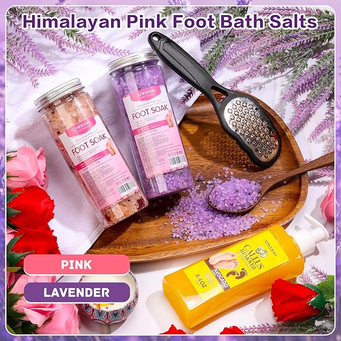 Himalayan Pink FOOT SOAK SALT Kit Tea Tree Oil - Moisturize, Foot Odor cream spa bath massager Epsom Salt foot pedicure at home spa Callus Remover Gel Kit Foot file tools