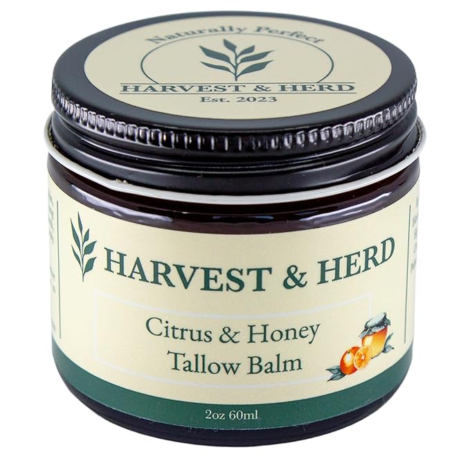 Harvest & Herd Citrus & Honey Tallow Balm - Organic Skin Nutrition with Olive Oil, Manuka Honey, Beeswax, Royal Jelly and Signature Essential Oil Blend (2oz 60ml)