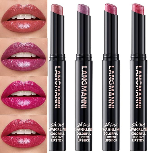 Jolilab 4pcs Sparkling Lipstick Set, Diamond Shiny Bold Glow Goth Lipstick for Women Girls, Non-sticky, Waterproof, Moisturizing, Metallic Shine, Long Lasting