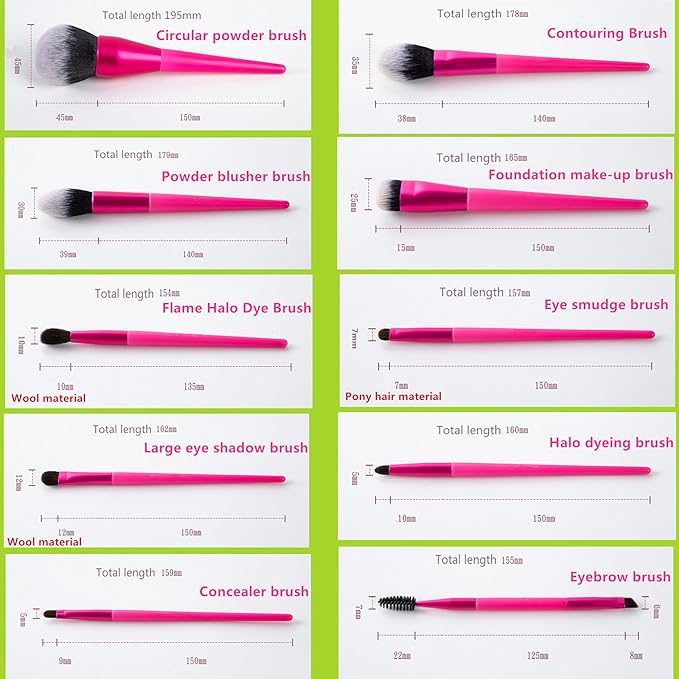 Professional Makeup Brush Set with Includes Brushes for Contouring, Highlighting, Eyeshadow, Foundation & More. 10 Pcs Makeup Brushes with Paired with makeup bag （Rose red color）