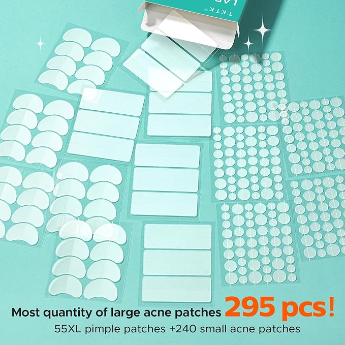 TKTK Large Pimple Patches for Face, 68 x 27 mm XL Hydrocolloid Bandages, Big Acne Patches for Body, Forehead, Chin, Nose, Chest and Back Blemish Zit Breakouts (Strip, Contoured, Dot 5 Sizes 295 Count)