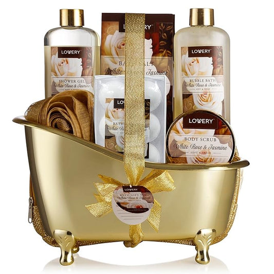 Gifts for Women Home Spa Gift Basket, Luxury 13pc Bath & Body Set Men & Women, White Rose & Jasmine Scent - Shower Gel, Bubble Bath, Body Scrub, Salts, 6 Bath Bombs, Pouf, Cosmetic Bag & Gold Tub