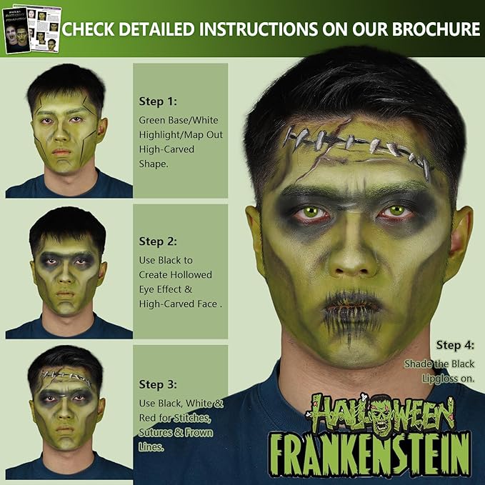 Halloween Beetle-juice Makeup & Frankenstein Makeup Kit, Face Paint SFX Character Set with Black Lipstick & Applicators for Ghost, Zombie, Grinch Special Effects Make Up, Costume Cosplay Party & Stage