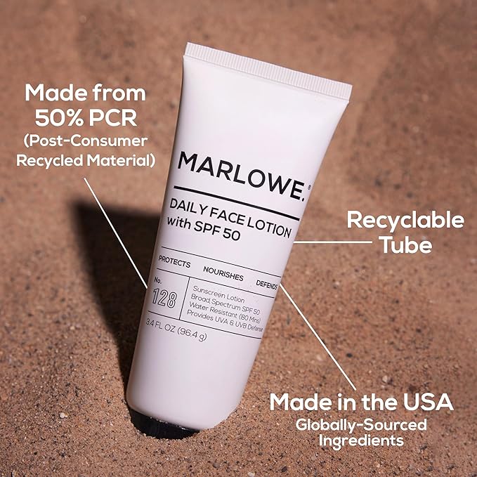 MARLOWE. No. 128 Men's Facial Lotion with Sunscreen SPF 50, 3.4 oz, Oil-Free, Lightweight Daily Face Moisturizer for Men, Includes Natural Extracts to Hydrate, Nourish & Soothe