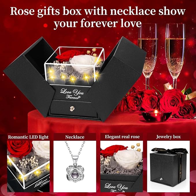 2 Preserved Real Rose with Heart I Love You Necklace- Eternal Rose Birthday Gifts for Women Wife Girlfriend Her Mom Grandma on Festivals Gifts Christmas Valentines Mothers Day Anniversary-Red White