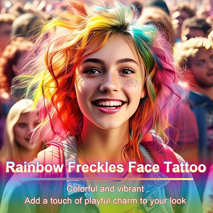10Pcs Rainbow Face Makeup Patches, Glitter Freckles Face Tattoo for Teenagers & Young Women, Sparkle Freckles Waterproof Face Glitter Freckles for Christmas (10PcsH Rainbow)