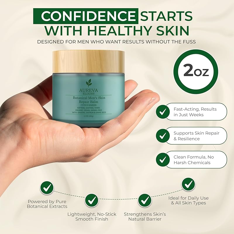 Men's Skin Repair Balm – Face & Body For All Skin Types – Soothes Acne, Sunburn, After Shave & Redness – With Sunscreen – Ember Citrus Scent, 2oz