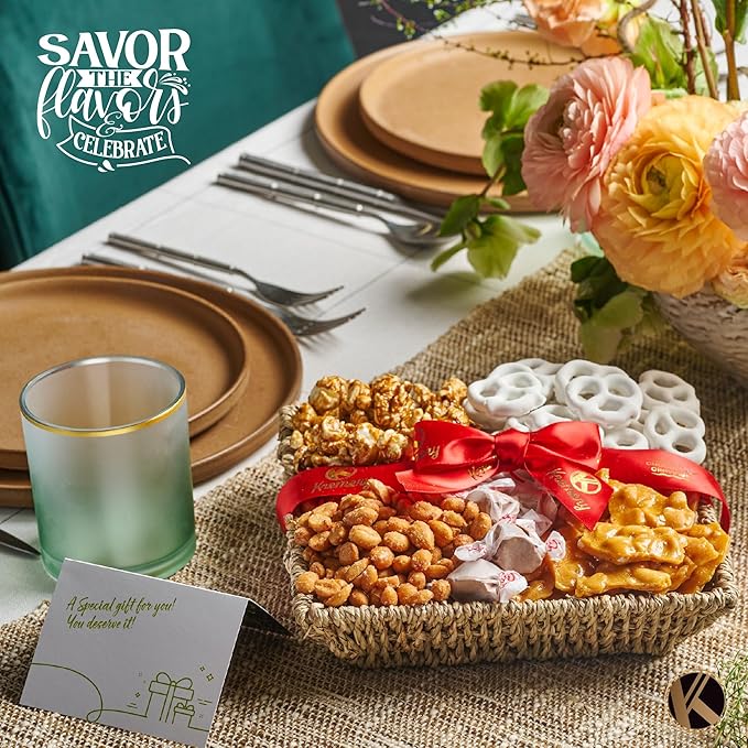 KREMERY Creamy Chocolate Cravings - Chocolate Covered Pretzels & Caramel Popcorn Gift Basket, in Seagrass Tray + Ribbon (Classic, 1.5 lbs) Food Arrangement, Food Assortments USA Made