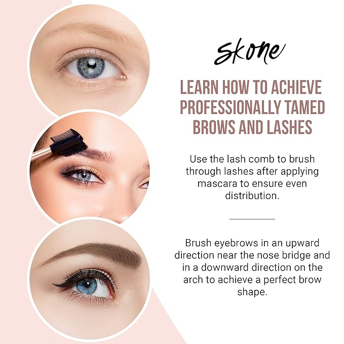 Skone Cosmetics Eyebrow Brush and Comb, Luxe Premium Rose Gold Eyelash Brush and Eyelash Comb - Professional Grade Nylon Eye Brow Brush Comb, Dual Sided Eyelash Brush Separator