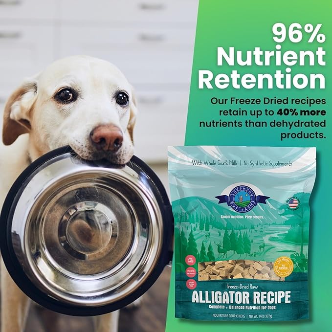 Freeze Dried Raw Dog Food, Alligator Recipe, All Natural, No Synthetics, Made in USA with Goat's Milk & Organic Produce, High Protein, Complete Meal (14oz)