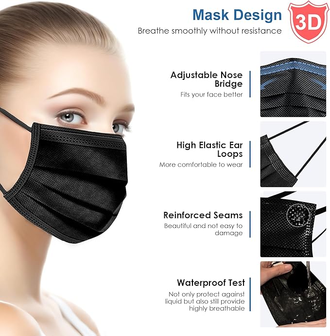 NNPCBT Black Disposable Face Masks 50PCS 3 Ply
