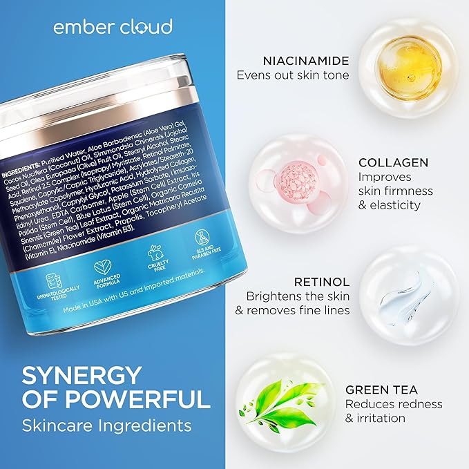 Collagen Face Cream with Stem Cells Retinol Hyaluronic Acid Niacinamide for All Skin Types - Anti-Aging Face Moisturizer with Airless Pump - Day & Night Cream for Wrinkles - Made in USA 1.7 Oz