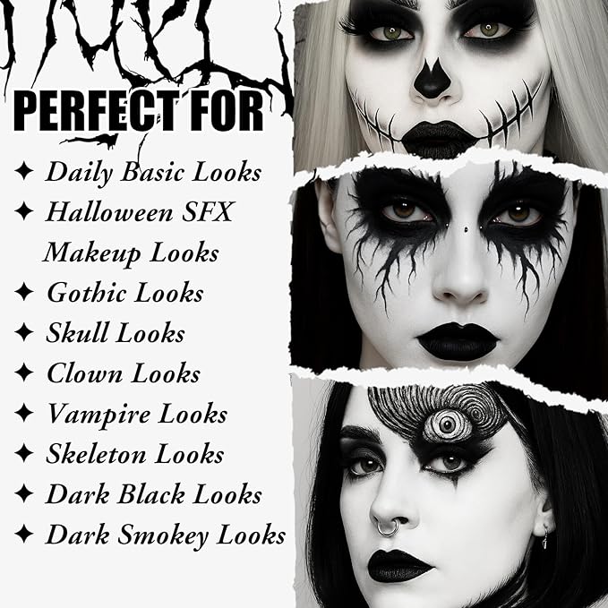 UCANBE Black Halloween Makeup Kit – Skeleton Skull Vampire Gothic Makeup Set for SFX Cosplay Costume -Eyeshadow, White Foundation, Black Lipstick & Eyeliner, Self Adhensive Eyelashes, Brush & Sponges