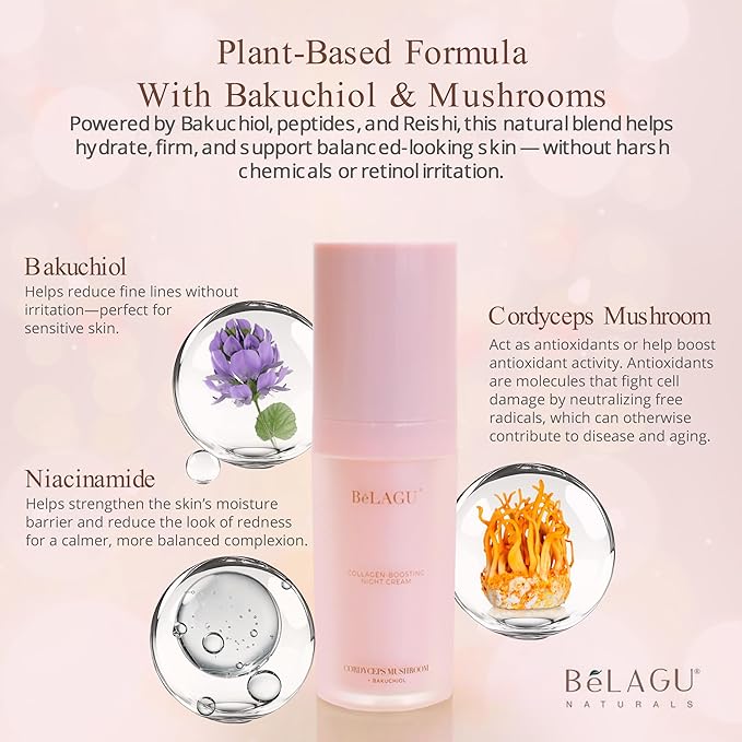 BeLagu Collagen Boosting Night Cream with Bakuchiol & Adaptogenic Mushrooms - Natural Retinol Alternative Moisturizer for Firming, Smoothing & Stress Defense - Vegan Skincare Face Cream (1 fl oz)