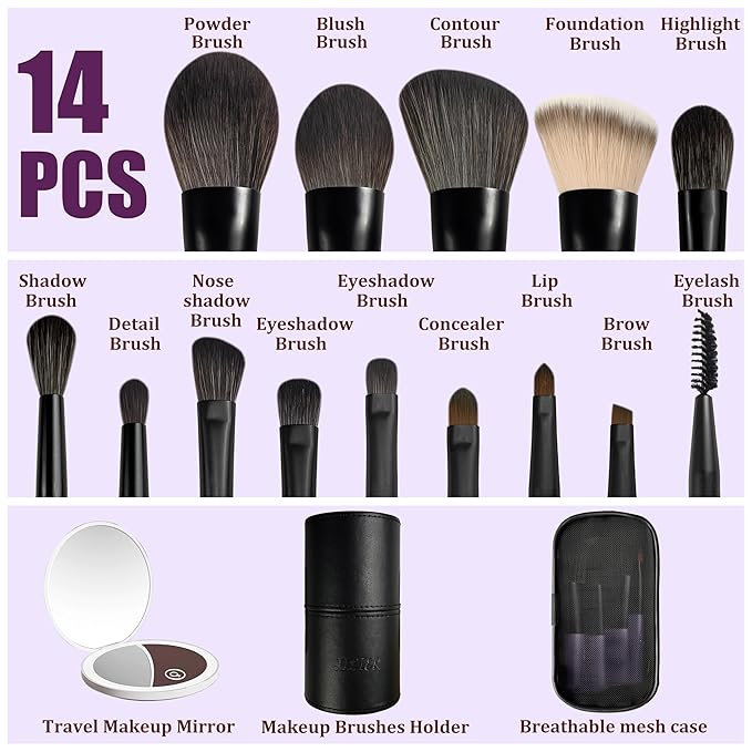 Jilier 14 pcs Mini Makeup Brushes and Pocket Mirror, Travel Makeup Brush Set, LED Compact Mirror with Light, Travel Size with Case, Portable for Handbag, Travel Essentials for Women