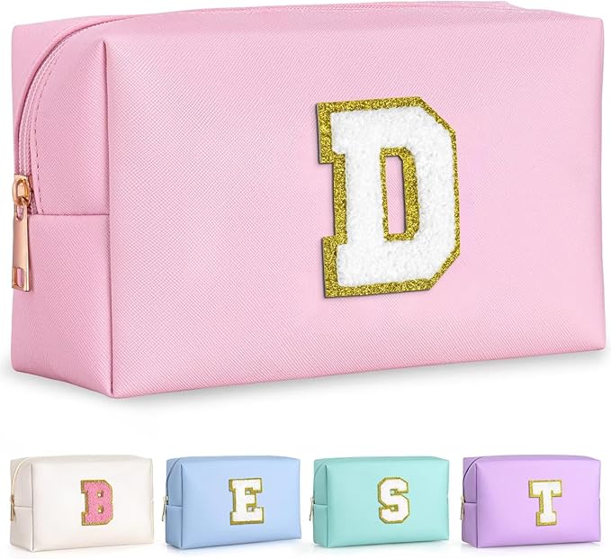 TOPEAST Preppy Small Makeup Bag, Chenille Letter Pouch Cosmetic Bag With Zipper, PU Leather Waterproof Toiletry Bag, Personalized Birthday Gift for Women, Cute Stuff for Girls (Pink D)