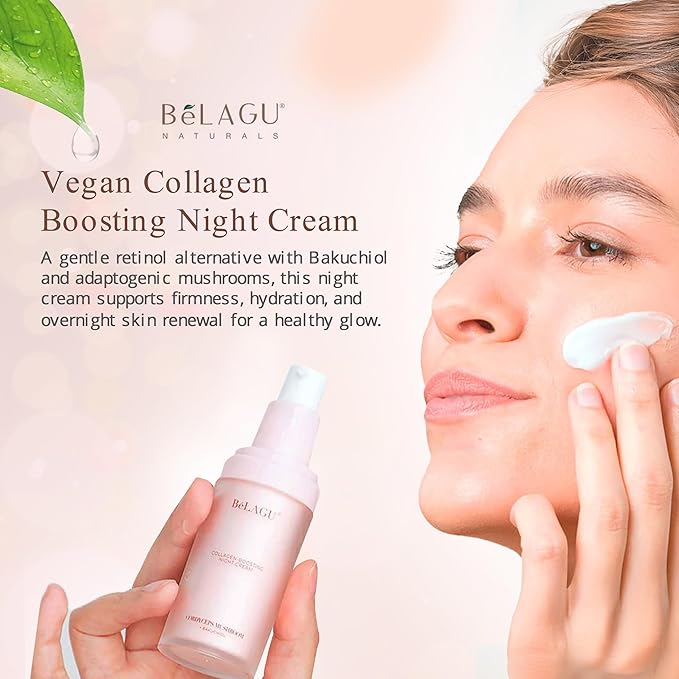 BeLagu Collagen Boosting Night Cream with Bakuchiol & Adaptogenic Mushrooms - Natural Retinol Alternative Moisturizer for Firming, Smoothing & Stress Defense - Vegan Skincare Face Cream (1 fl oz)