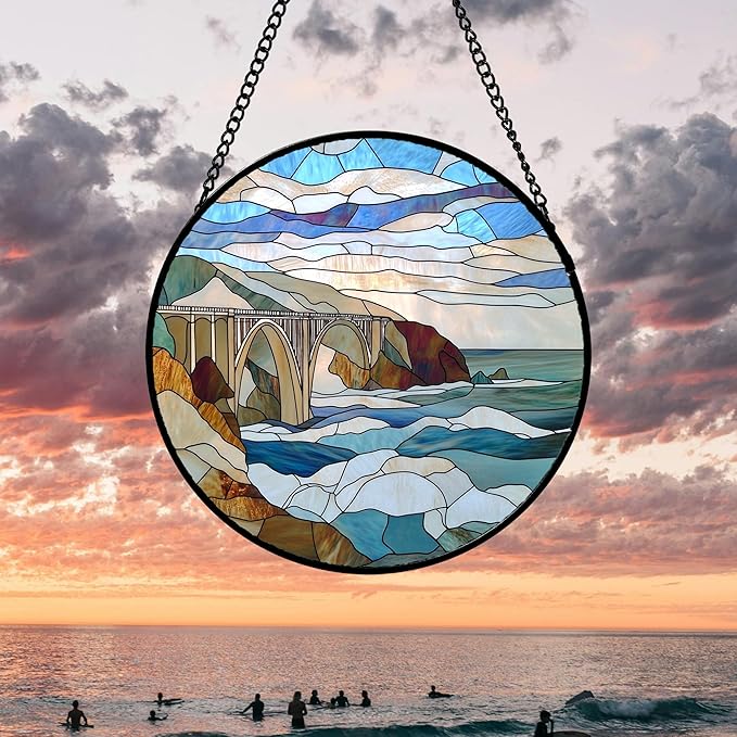 Stained Glass Window Hanging 4 Pcs Set Ocean Waves 6.3" - Blue and White Sea Suncatcher Door Garden Sun Catcher Decor Birthday Christmas for Mom Woman Nana Men