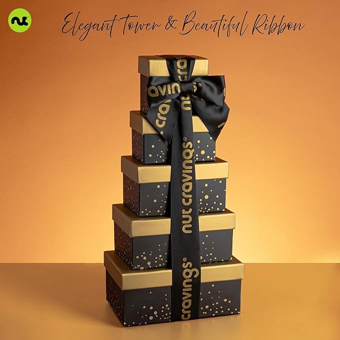 NUT CRAVINGS - Diwali Chocolate Covered Pretzels & Caramel Popcorn Gift Basket, in Black Tower + Ribbon (8 Assortments) Food Arrangement, Healthy Snack Care Package, Food Assortments