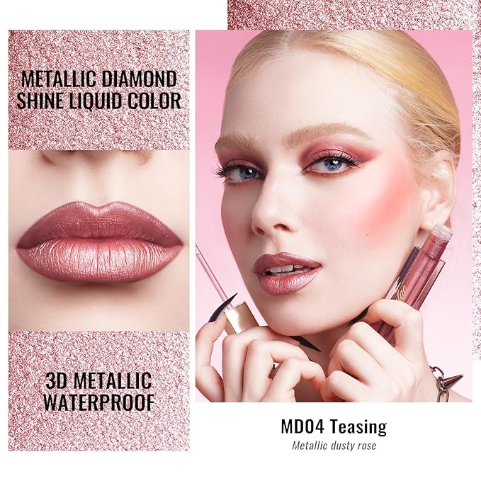 Oulac Pink Metallic Lipstick for Women, Rose Pink Lip Gloss, Lip & Eye 2 IN 1 Lip Makeup, Long Lasting Waterproof, High Impact Lip Color, Oil-Based Formula, Transfer Proof, Vegan MD04