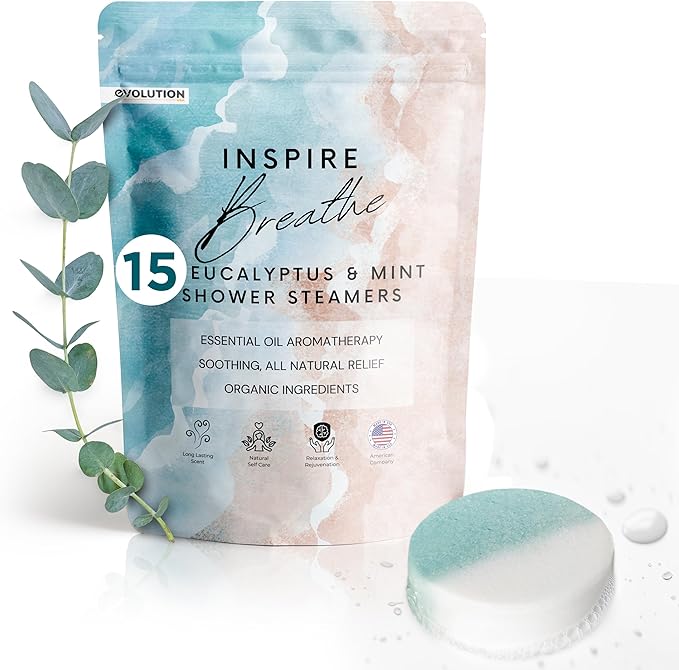 EvolutionUSA Inspire Breathe Shower Steamers, 15 Mint & Eucalyptus Shower Steamers for Women & Men, Refreshing Vapor Shower Tablets, Self Care Shower Bombs, Gift for Mother's Day, Easter, Birthday