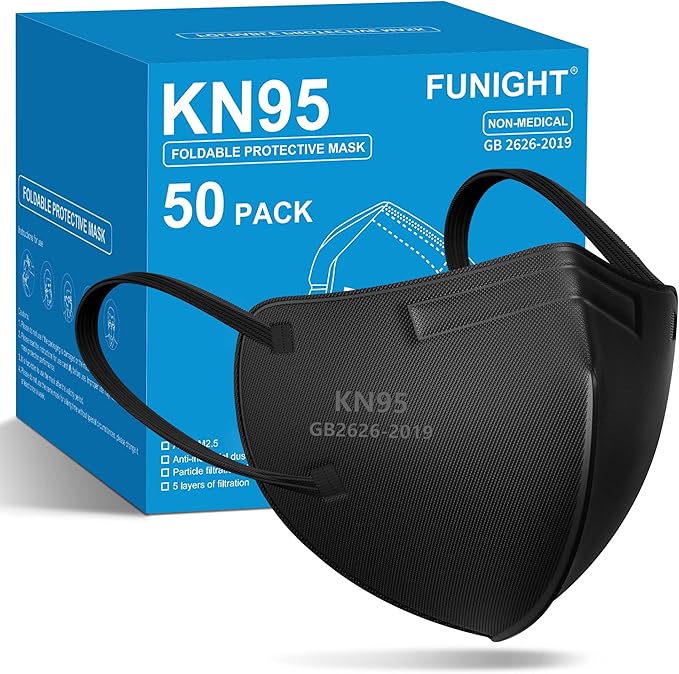 Funight KN95 Face Masks 50 Packs 5-Ply Breathable Filter Efficiency≥95% Protective Cup Masks Disposable Black