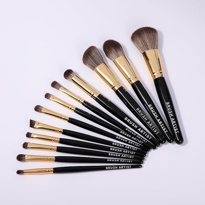 BRUSH ARTIST Black Golden Makeup Brush Set of 12PCs with Cotton Bag, Foundation Sponge, Face Powder Brush, Contour Brush, Blush Brush, Eyeshadow Brushes, Concealer Brush,Premium Synthetic fiber