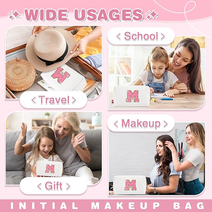 Small Personalized Initial A-Z Patch Makeup Bag,White Cute PU Leather Glitter Letter Cosmetic Bag for Teen Girls,Travel Toiletry Bag with Zipper,Preppy Monogrammed Birthday Gift for Daughter Niece M