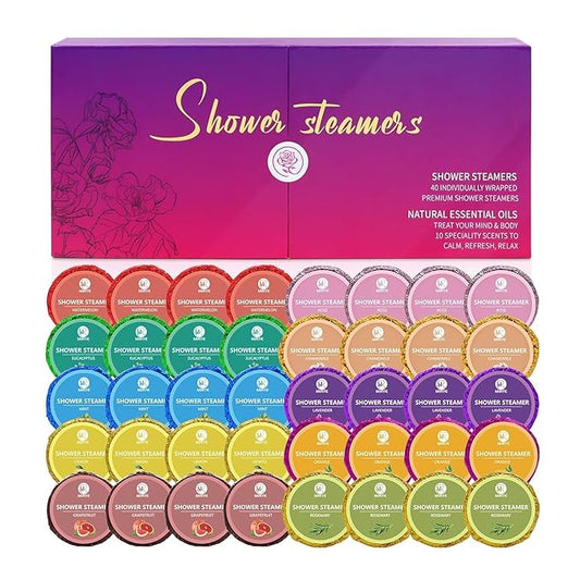 40 PCS Shower Steamers Aromatherapy for Women or Men, 10 Scent Shower Bomb Organic with Natural Essential Oil Relaxation, White Elephant Gifts Birthday Christmas Stocking Stuffers for Her Him