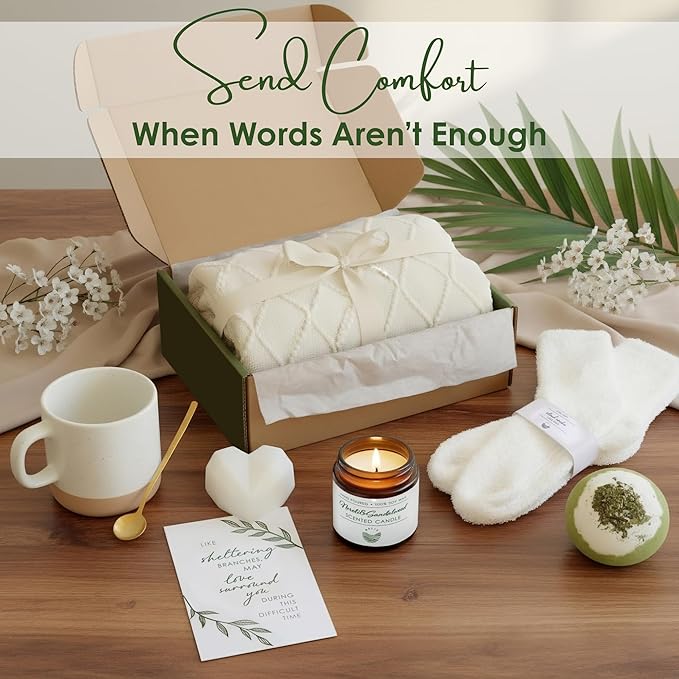 Sympathy Gift Baskets for Women – 8 Thoughtful & Cozy Items (Blanket and Candle Gift Set with Mug, Socks & More) – Sympathy Gifts for Loss of Loved One, Get Well, or Self Care Gifts for Women