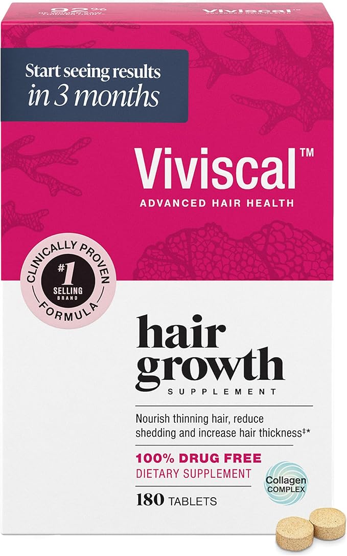 Viviscal Hair Growth Supplements for Women, Thicker Fuller Hair Support for Thinning Hair and Hair Loss, with Biotin and Marine Collagen, Drug-Free, 180 Tablets, 90-Day Supply