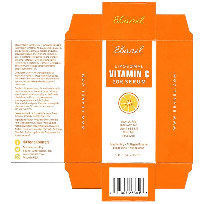 Ebanel Vitamin C Serum for Face with Ferulic Acid, Retinol, Vitamin B5 & E, Antioxidant Brightening Serum for Radiant Skin, Age-Defying Facial Care for Day and Night