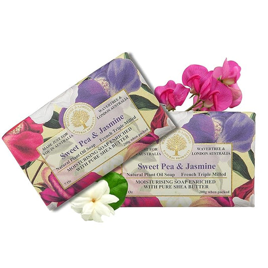 Wavertree & London Sweet Pea & Jasmine Scented Natural Soap (2 Bars), 7oz Moisturizing French Triple Milled Soap Bars enriched with shea butter - Pure Plant Based Bath & Body Bars for All Skin Types