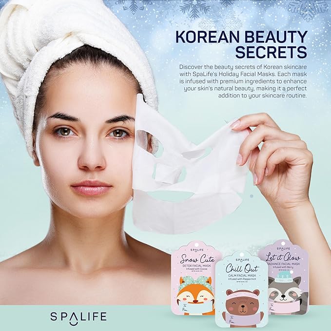 SpaLife Beauty Holiday Gift Tags Christmas Face Mask Bundle | Korean Facial Masks | Hydrating, Tone Evening, Refreshing Christmas Sheet Mask Set | Christmas Gifts for Women | 9 Pack