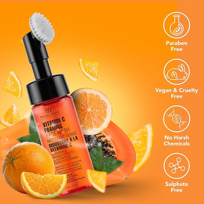Botanic Hearth Vitamin C Foaming Face Wash With Papaya & Orange | Extracts Built|In Silicone Brush | For Cleansing & Glowing Skin | Paraben & Sulphate Free | Face Cleanser For Women & Men | 5.1 Fl Oz