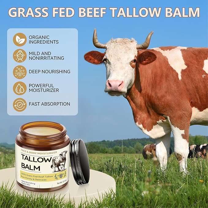 Beef Tallow for Skin, Organic Tallow and Honey Balm for Face, Natural Face Moisturizer, Grass Fed Beef Tallow Skin Care Cream Body Butter, Deep Hydrate and Nourish Dry Skin