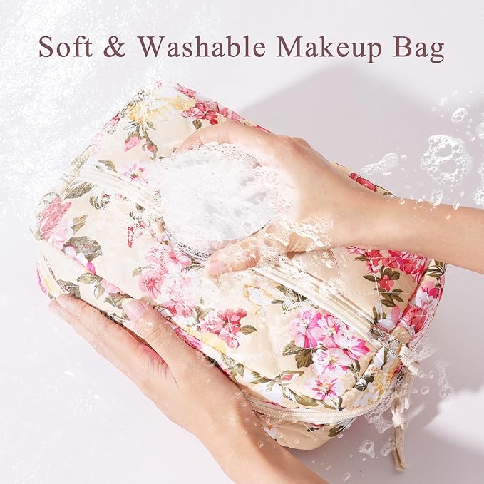 Anfly Makeup Bag, Quilted Cosmetic Bags, Large Floral Make Up Bag, Cute Makeup Bag 3PC Set for Women Girls (Large Flowers)