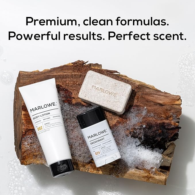 MARLOWE. Men's Grooming Santal Body Set, Features No. 102 Scrub Soap Bar, No. 024 Deodorant & No. 002 Body Lotion, Warm Amber, Sandalwood & Citron Scent