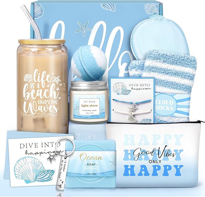 Birthday Gifts for Women, Ocean-Themed Gift Set for Women, Inspirational Thank You Gift Box, Christmas Gifts Beach Spa Self Care Basket for Her Teen Girl Sister Friend Friendship Mom