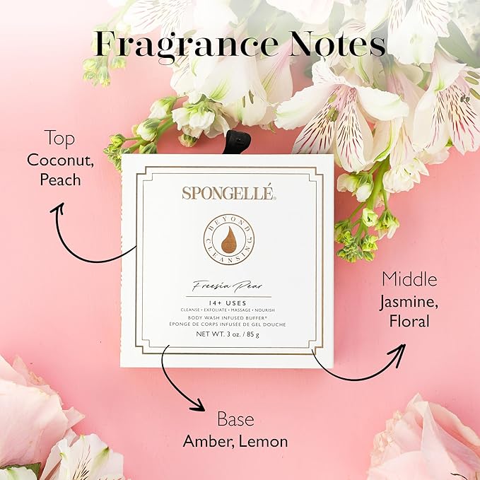 Spongelle Freesia Pear Wild Flower Buffer Body Scrubber with Box | Bath & Shower Loofah for Women | Exfoliator with Body Wash Infused | 14+ uses