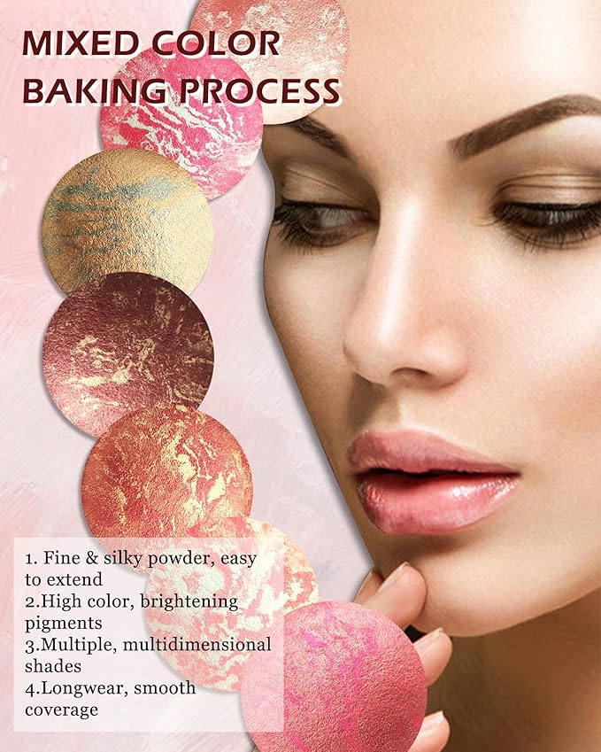 Baked Blush,Glow Marbleized Blusher Powder Palette,Lightweight Shimmery Blusher for Cheeks,Eyeshadow & Highlight,Makeup Gift for Women rubores de maquillaje(0.49Ounce)-08 Gold Pink