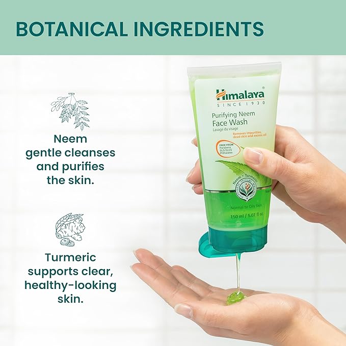 Himalaya Purifying Neem Face Wash, Normal to Oily Skin with Turmeric, Vegan, Soap Free, Paraben Free, Dermatologically Tested, SLS/SLES Free, 5.07 Fl Oz., 150 mL, 2 Pack