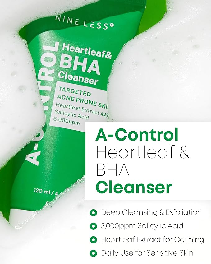 NINELESS A-Control Heartleaf & BHA Cleanser – Korean Exfoliating Face Wash with Salicylic Acid for Clear Skin – Blackhead Remover, Deep Pore Cleansing, 4.05oz.