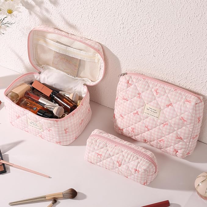 Anfly Makeup Bag, Quilted Cosmetic Bags, Large Floral Make Up Bag, Cute Makeup Bag 3PC Set for Women Girls (Pink)
