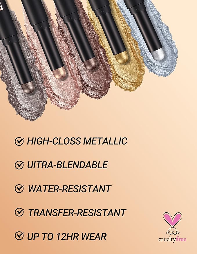 Erinde Shimmer Cream Eyeshadow Stick, Long Lasting Metallic Eye Shadow Sticks, Waterproof Creamy Glitter Eyeshadow Pencil, High Pigmented Blendable Neutral Eye Makeup, 16 Champagne Shimmer