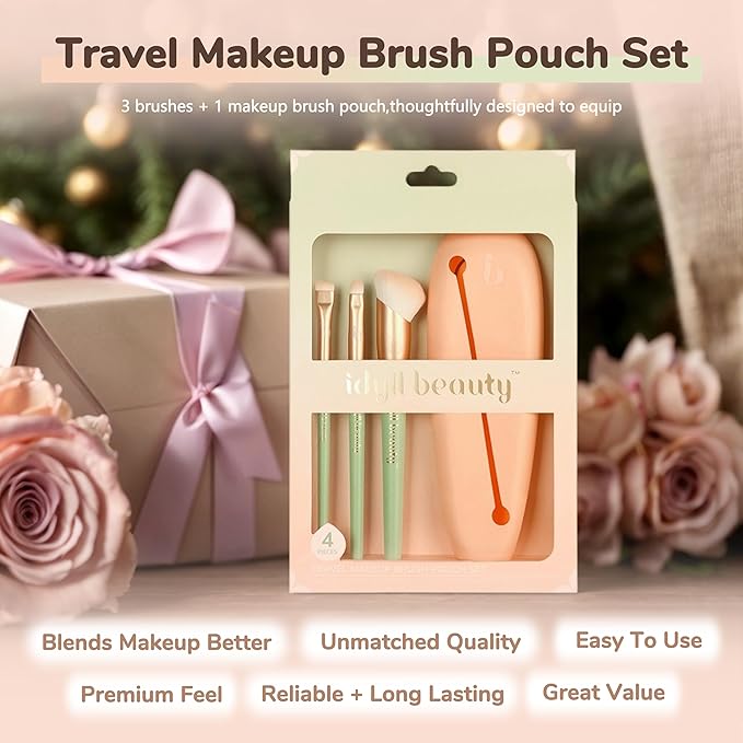 Travel Makeup Brush Set 4 Pcs, Silicon Portable Cosmetic Brush with Pouch, Beginner Friendly, for Foundation Blending Concealers Face Eyeliner Blush Makeup Brushes Kit